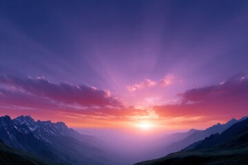 Fototapeta premium Sunset over Mountain Peaks: A breathtaking scene captures the vibrant colors of a sunset cascading over majestic mountain peaks.