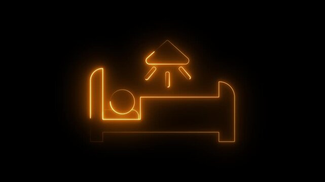 Neon operation theatre icon animation on black background, glowing surgical room symbol with medical lamp and surgery table, futuristic hospital healthcare procedure illustration