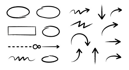 Various arrows and shapes including ovals, rectangles, and dashed lines in black and white
