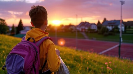 Young Child in Yellow Jacket Watching Stunning Sunset Over Rural Landscape and Running Track