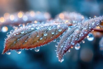 Closeup of frosty leaves with glistening water droplets