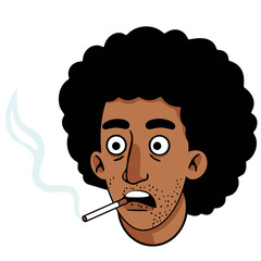 African american man with curly hair cartoon illustration smoking a cigarette, health problem concept for advertising and web design.