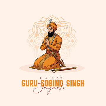Guru Gobind Singh Ji Vector Illustration &mdash; Sikh Warrior Saint Artwork for Gurpurab and Sikhism Festival