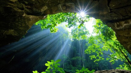 Obraz premium Radiant Sunlight Streaming Through Cave Opening, Illuminating Lush Green Forest Landscape and Waterfall in Nature