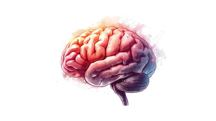 Artistic rendering of a human brain with vibrant colors and a watercolor style background effect on transparent background