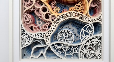 Intricate 3D layered paper art featuring abstract organic waves, coral patterns, and a soft pastel color gradient