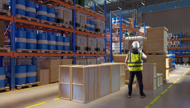 Warehouse inventory controller checks storage racks and wooden crates, coordinating material handling and stock placement in a large industrial facility.