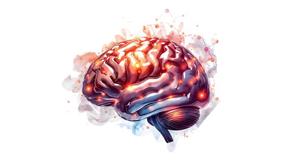 Illustration of a human brain with red glowing spots on a black and white background design art on transparent background