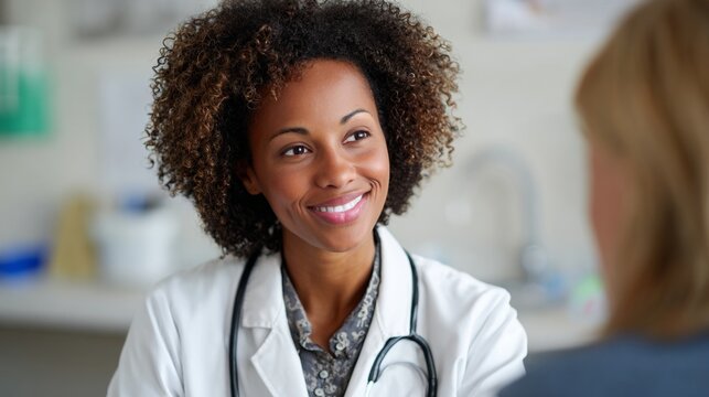 Woman doctor in white coat smiling at patient.