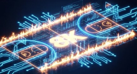A glowing digital basketball court displays complex data and circuits. - Powered by Adobe