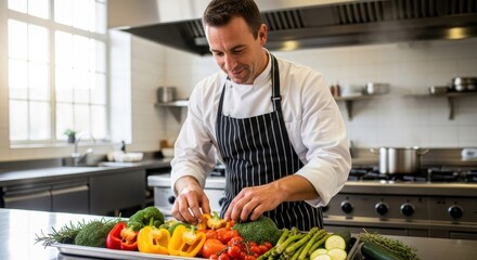 Smiling chef preparing fresh vegetables in a bright restaurant kitchen