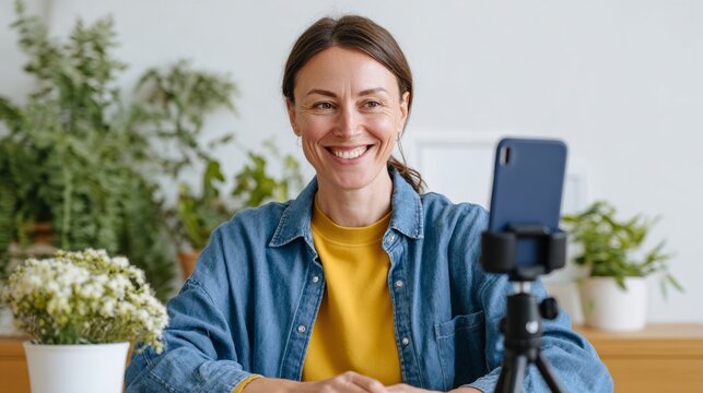 Woman taking selfie with phone. - Powered by Adobe