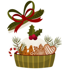 Christmas Pudding in Gift Box with Cookies – Festive Holiday Illustration