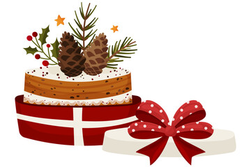 Christmas Cake in Gift Box with Pine Cones - Festive Holiday Illustration