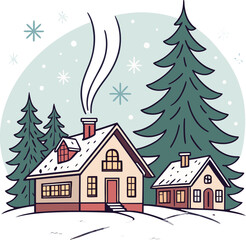 Naklejka premium Charming winter houses nestled among snow-covered pines, perfect for holiday promotions and cozy seasonal greetings, offering a touch of festive cheer