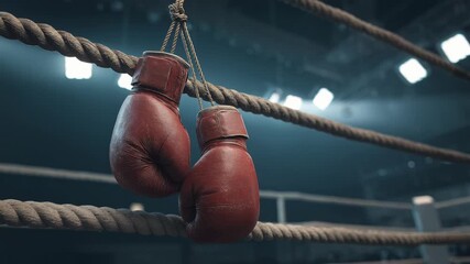 Old Boxing Gloves Hanging from Ropes in Dimly Lit Boxing Ring with Focus on Equipment