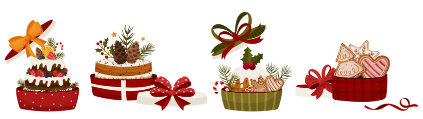 A festive set of Christmas gift boxes filled with cakes, cookies, berries, oranges, pine cones and holiday decorations