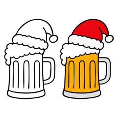 Logo cervecer&iacute;a. Dibujo sencillo con l&iacute;neas de jarra de cerveza con sombrero de Santa Claus para tarjetas y felicitaciones de Navidad