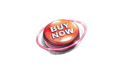A red buy now button with a pink ring around it on a black background in a digital illustration on transparent background