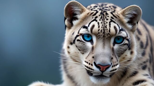 Close up portrait of snow leopard with blue eyes looking at camera
