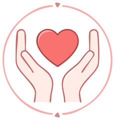 Caring hands gently hold a red heart symbol within a circle