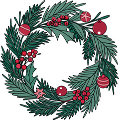 Elegant Christmas wreath with berries and ornaments, perfect for adding festive cheer to invitations, cards, and holiday designs this season