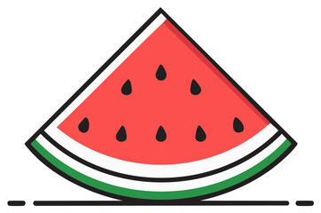 Simple stylized wedge of juicy red watermelon with black seeds and green rind