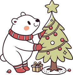 Festive polar bear decorating Christmas tree, spreading holiday cheer and warmth, a cute and whimsical winter scene for seasonal promotions and greeting cards