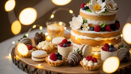 “gourmet cream swirl dessert with berries and nuts, warm festive lights, premium sweet photography, elegant bakery style presentation”
