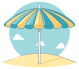 Colorful Beach Umbrella on Sandy Shoreline with Sky and Clouds