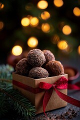 Cocoa-dusted chocolate truffles rest in a gift box tied with red ribbon, with evergreen sprigs and soft bokeh lights adding Christmas charm.