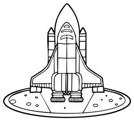 Simple line art illustration of a rocket spacecraft on a launch base ready for exploration