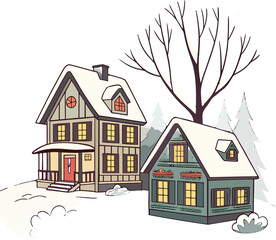 Charming winter homes nestled in a snowy landscape with glowing windows, perfect for holiday cards, storybook illustrations, and cozy seasonal designs