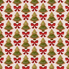 Christmas Tree Cookie Pattern with Red Bows - Festive Seamless Design
