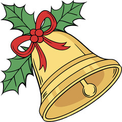 Festive golden bell with bright red bow and holly leaves for elegant Christmas cards or holiday designs adding cheerful seasonal spirit and classic joy