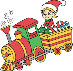 Charming Christmas elf driving festive train full of gifts, bringing holiday cheer and joy to all, perfect for holiday promotions and joyful designs