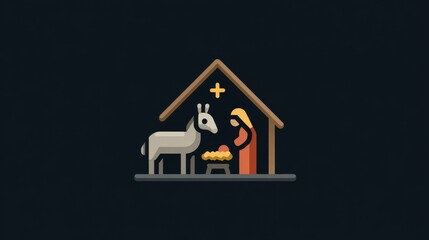 Minimalist flat illustration of nativity scene with virgin Mary and donkey under star for modern Christmas mobile app icon