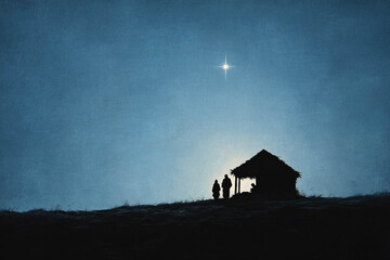 Silhouette of stable and holy family figures on hill under bright guiding star for spiritual religious background with copy space