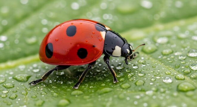 Vibrant red seven-spot ladybug with black spots walking on a green leaf covered in fresh morning dew drops - Powered by Adobe