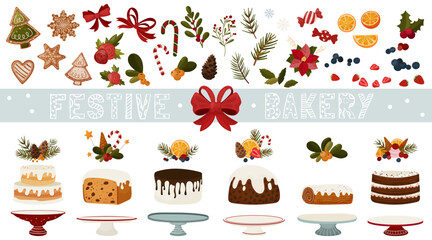 A large festive bakery clipart set featuring Christmas cakes, gingerbread cookies, berries, oranges, candy canes, bows, pine branches and decorative elements