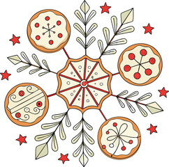 Charming snowflake design with cookie and botanical elements for festive holiday crafts and warm seasonal greetings, spreading cheerful winter vibes