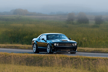 Sporty American muscle car moving on country road