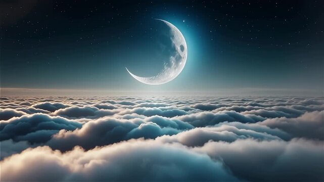 Crescent moon shining above a vast, ethereal cloudscape at night, with a starry sky and soft horizon light.