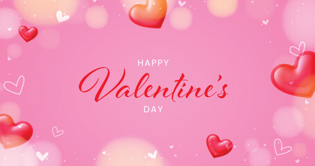Elegant 'Happy Valentine's Day' script text centered on a pink background, surrounded by 3D glossy hearts and soft bokeh lights. Ideal banner for promotions, greetings, and romantic events.