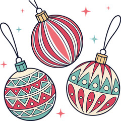 Elegant Christmas ornaments with retro holiday vibe and festive patterns, ideal for seasonal greetings, invitations, and winter celebrations, very merry!