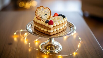 “romantic heart-shaped layered dessert with berries and cream, soft golden bokeh, luxury sweet presentation for festive premium photography”
