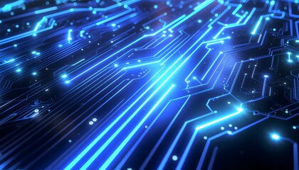 Abstract Circuit Board Background with Blue Neon Glow
