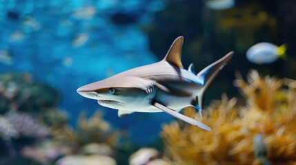 Fototapeta premium A Majestic Shark Swimming Gracefully Through Vibrant Coral Reef Ecosystem in a Clear Blue Aquarium Water