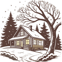 Charming winter cabin retreat in snowy landscape evokes cozy holiday memories, perfect for seasonal greetings and rustic home decor projects