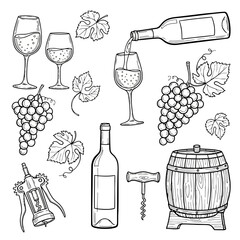 Black and white illustration of wine glasses, bottles, grapes, corkscrew, and barrel, representing wine and winemaking